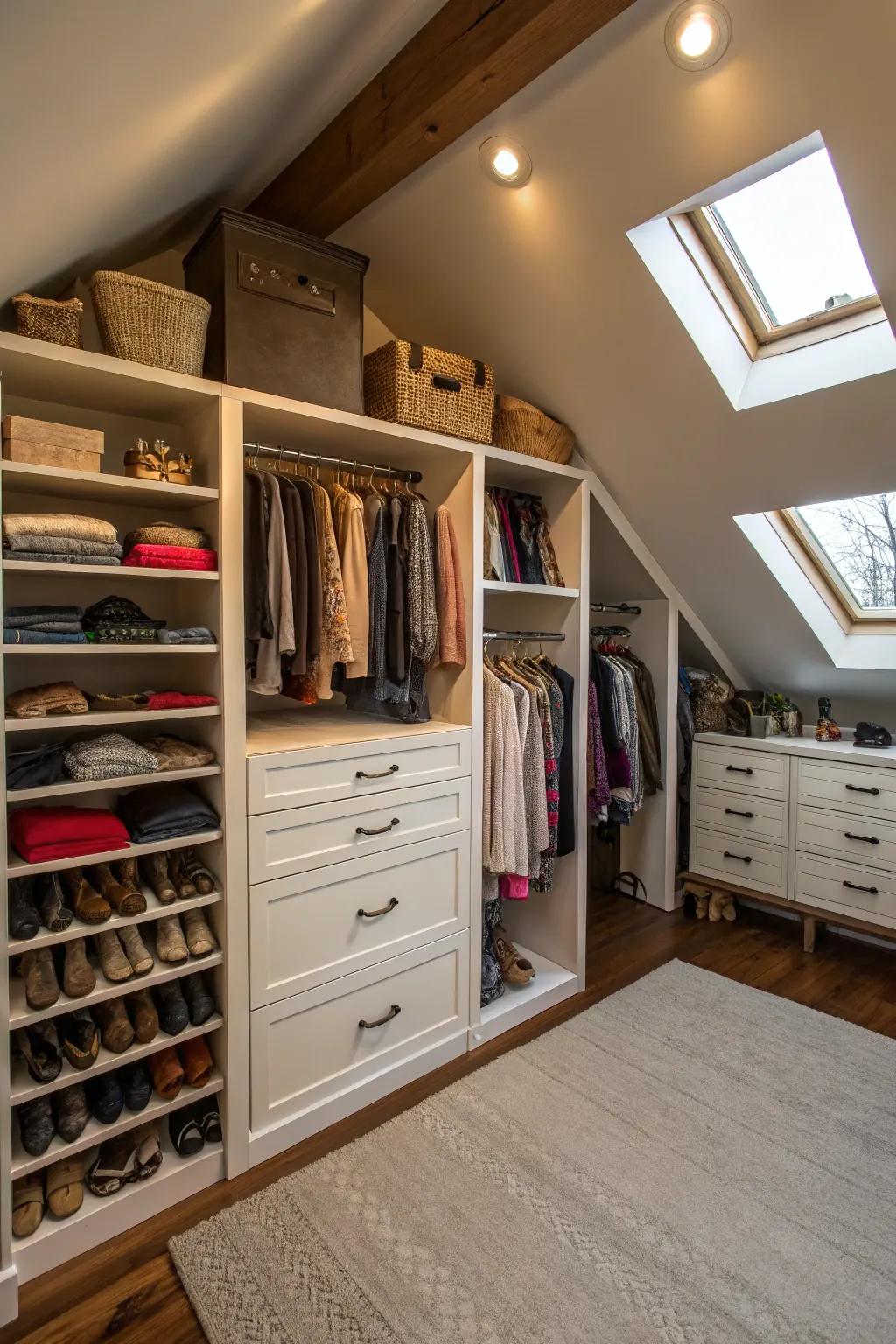 Custom-fitted storage optimizes attic space proficiently.