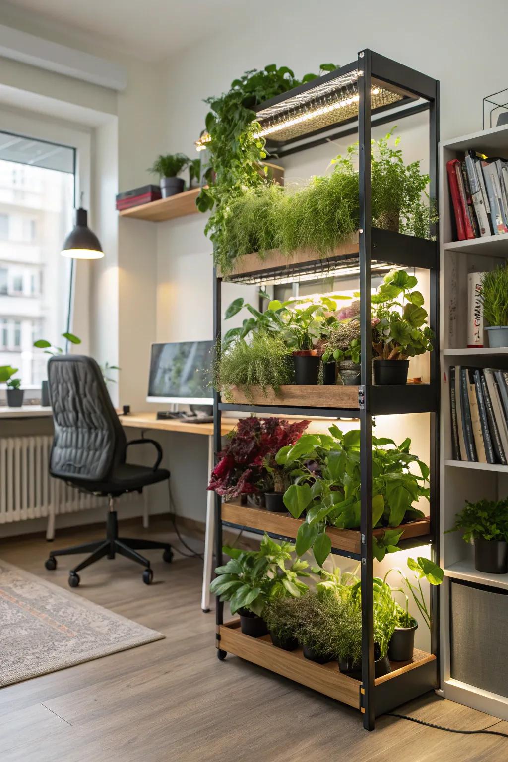 Vertical shelving equipped with integrated grow lights, showcasing thriving plants.