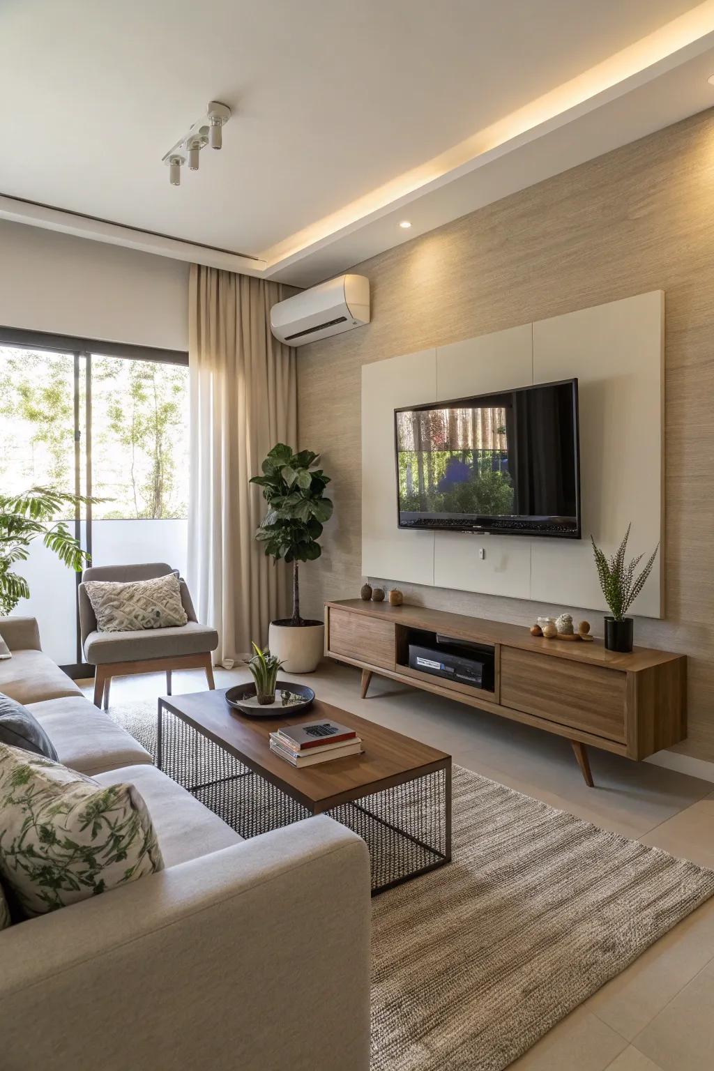 Mounted TVs free up floor space and focus the room's atmosphere.