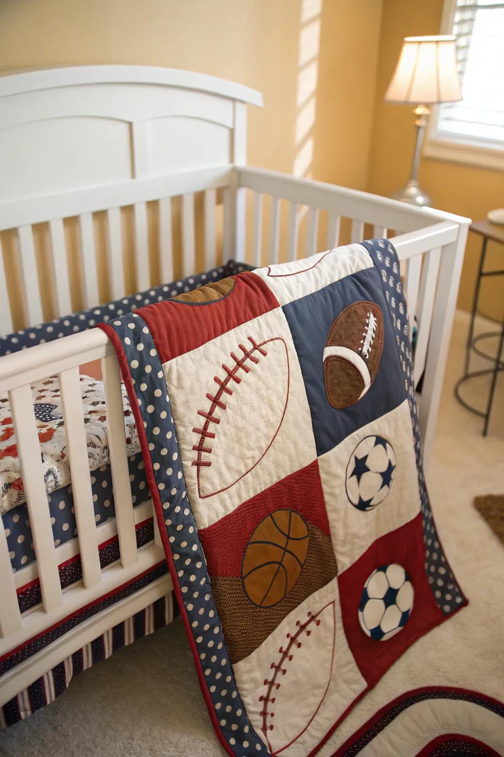 Sports-inspired bedding introduces an element of joy and coziness to the nursery.