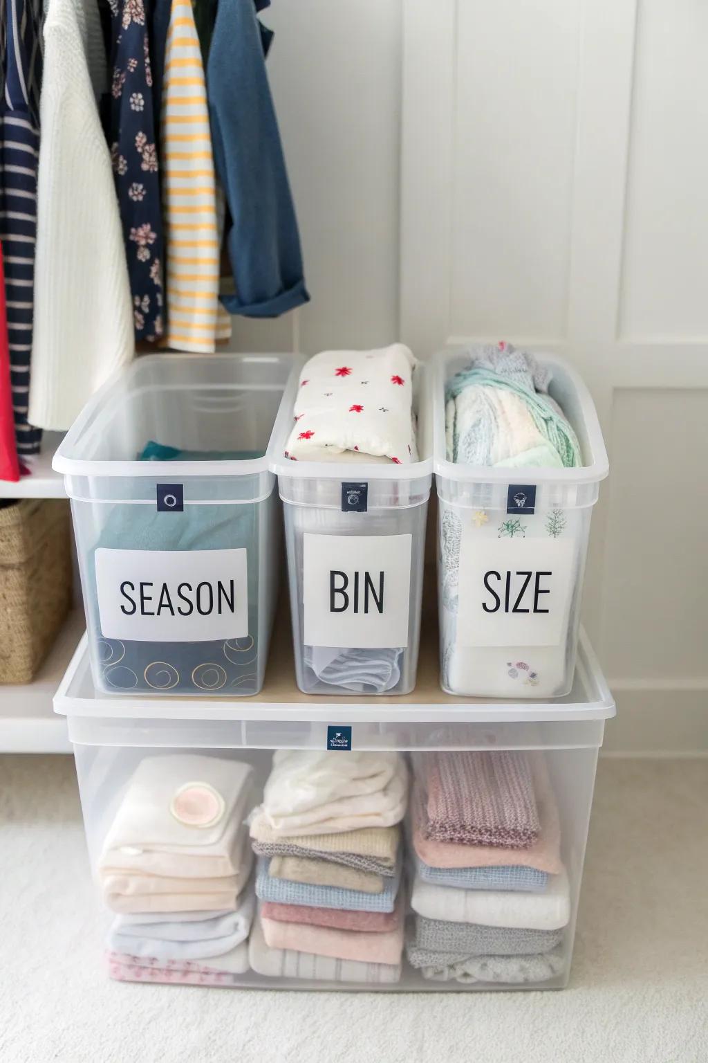 Transparent storage receptacles facilitate effortless visibility, thereby enhancing the arrangement of infant apparel.