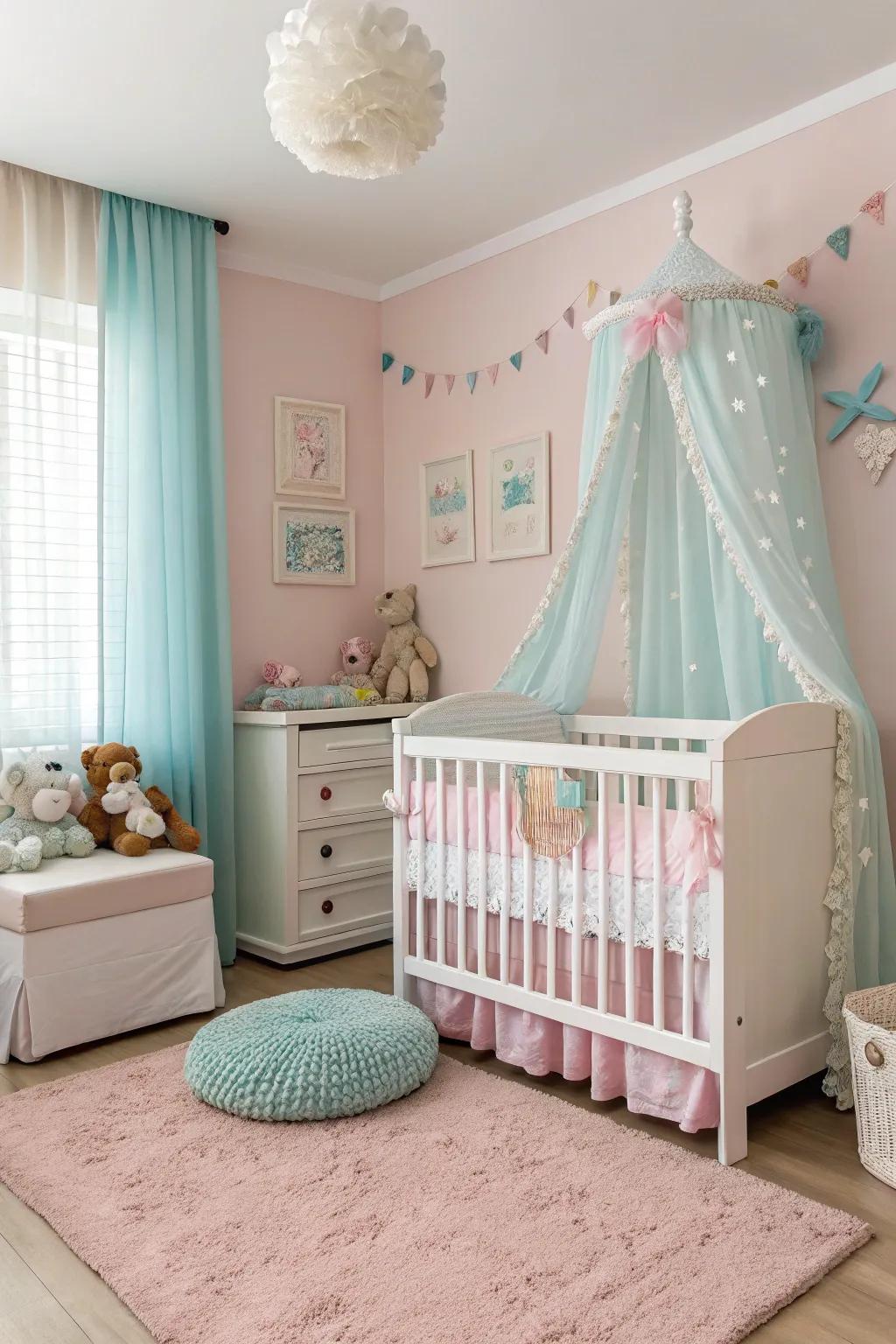 An ivory bassinet serves as a classic centerpiece within this sophisticated chamber.