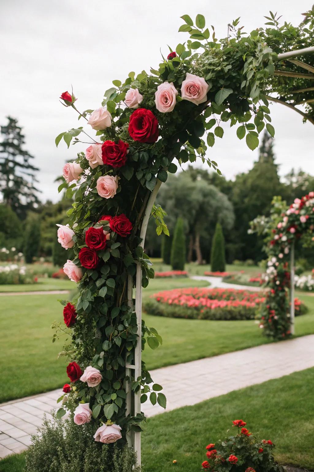 A vibrant floral arch featuring roses and foliage for a revitalizing aesthetic.