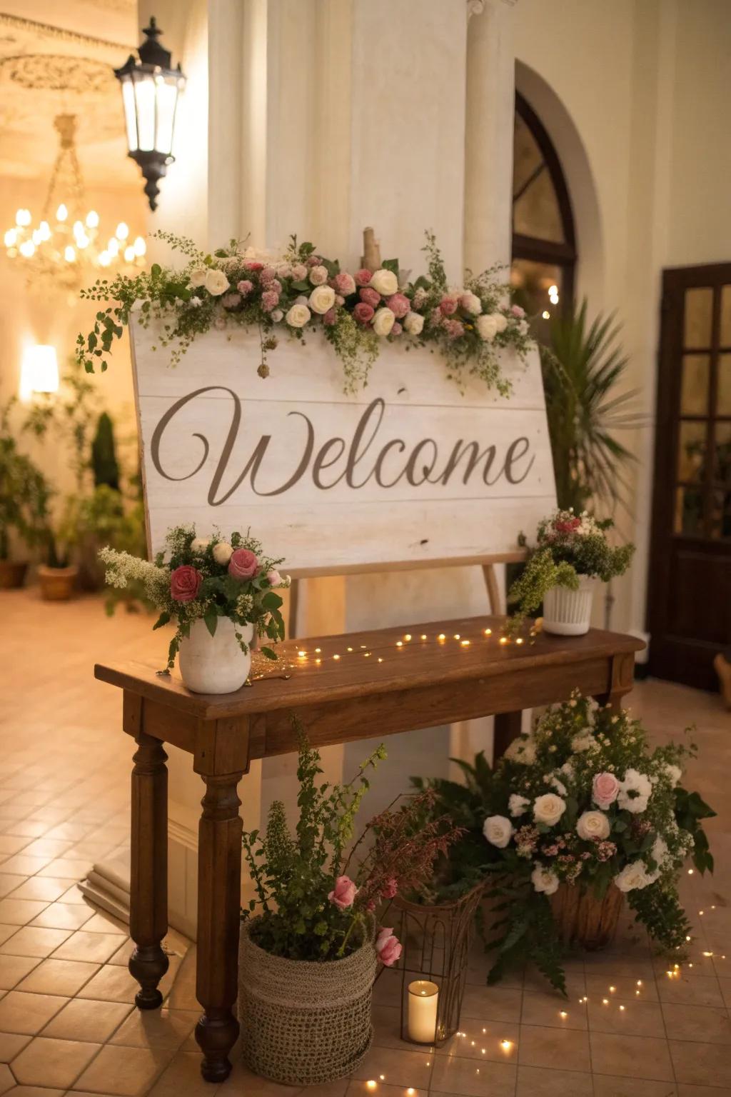 A bespoke welcome display imparts a sincere, emotional depth to the overall ornamentation.