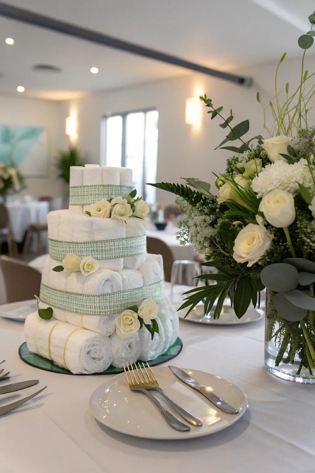 A floral diaper arrangement perfect for a fresh and functional centerpiece.