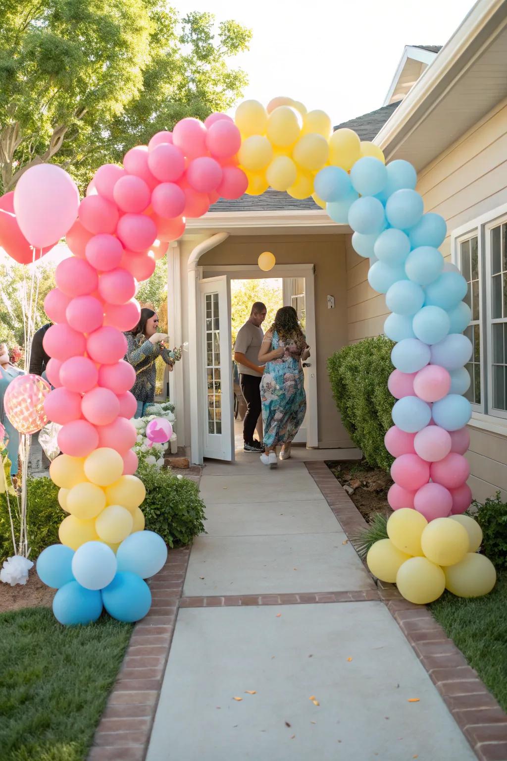 A spirited balloon arc infuses mirth and pigmentation to the baby shower's portal.