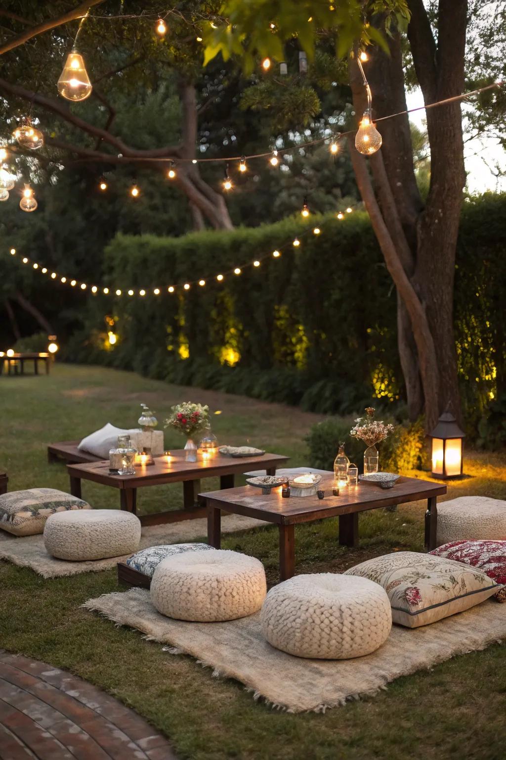 A relaxed picnic-style arrangement featuring compact platforms and cushions.