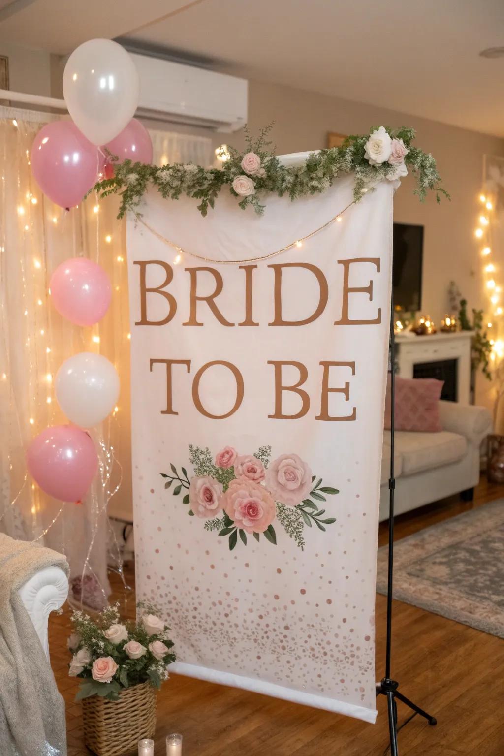 A chic 'BRIDE TO BE' banner imparts a personalized element.