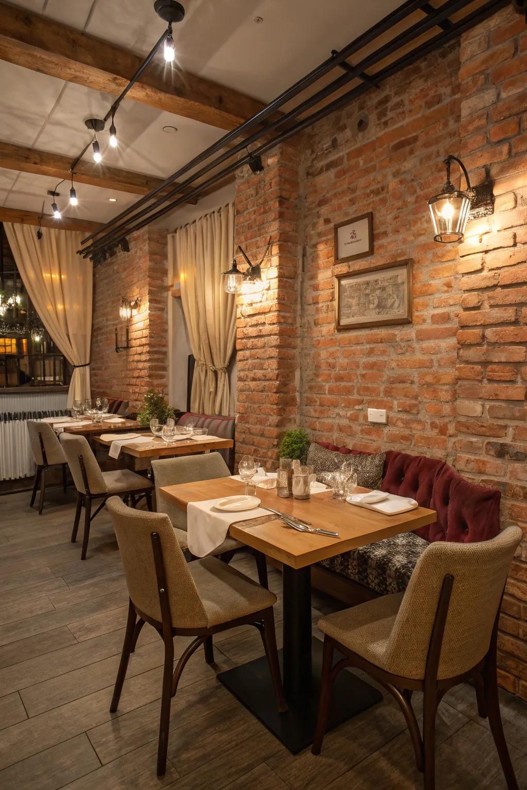 A formal dining area showcasing stone-like pattern wall coverings that fosters a sense of warmth.