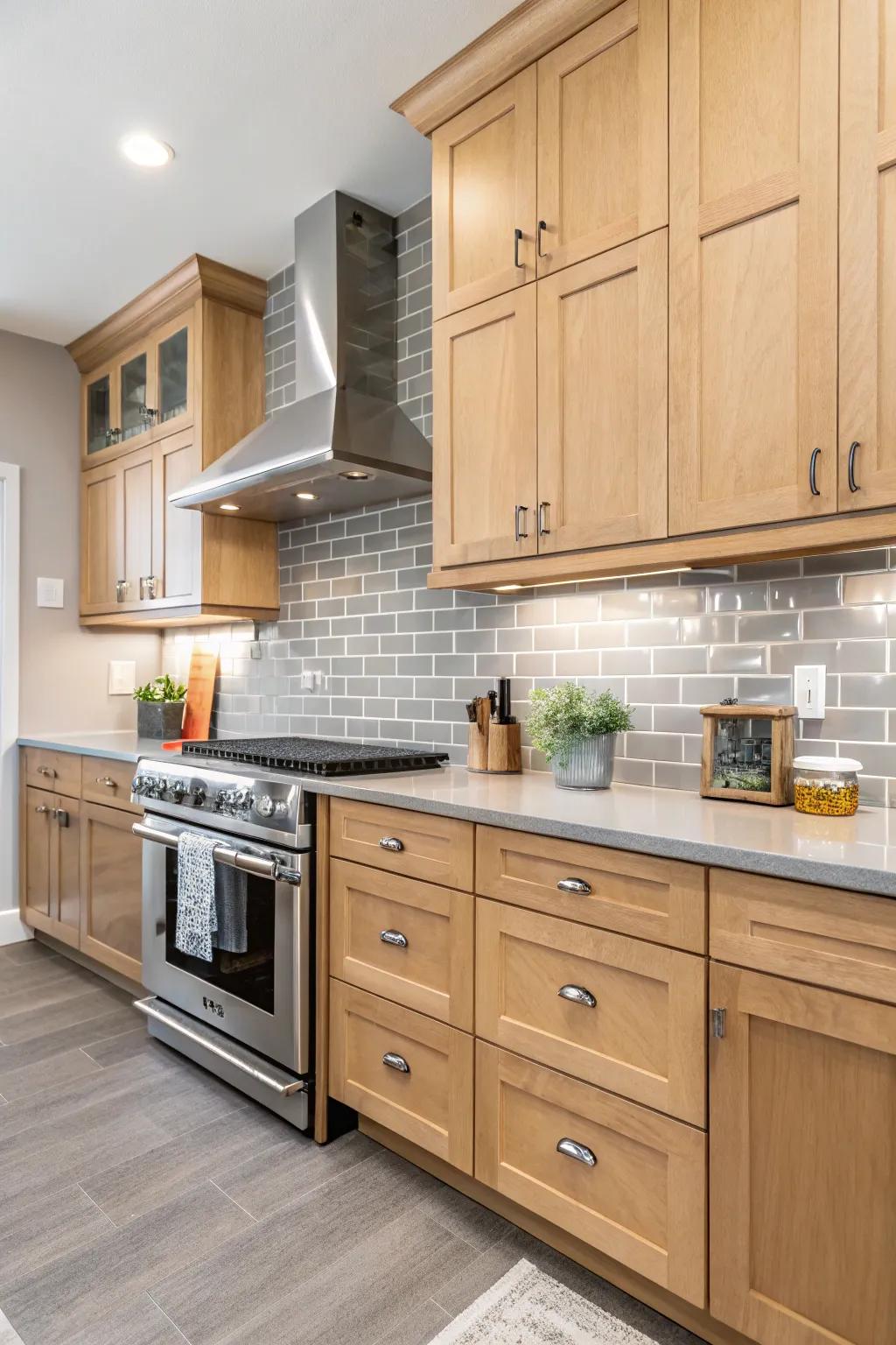Warm gray tiles fashion a sophisticated backdrop for maple cabinets.