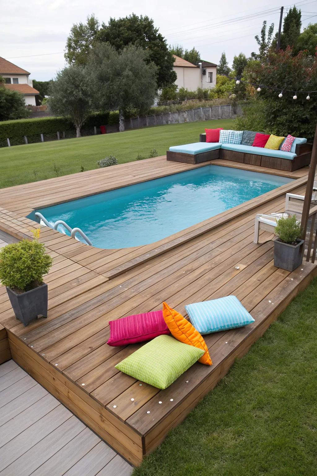 In-built seating enhances the pleasure of lounging by the poolside.