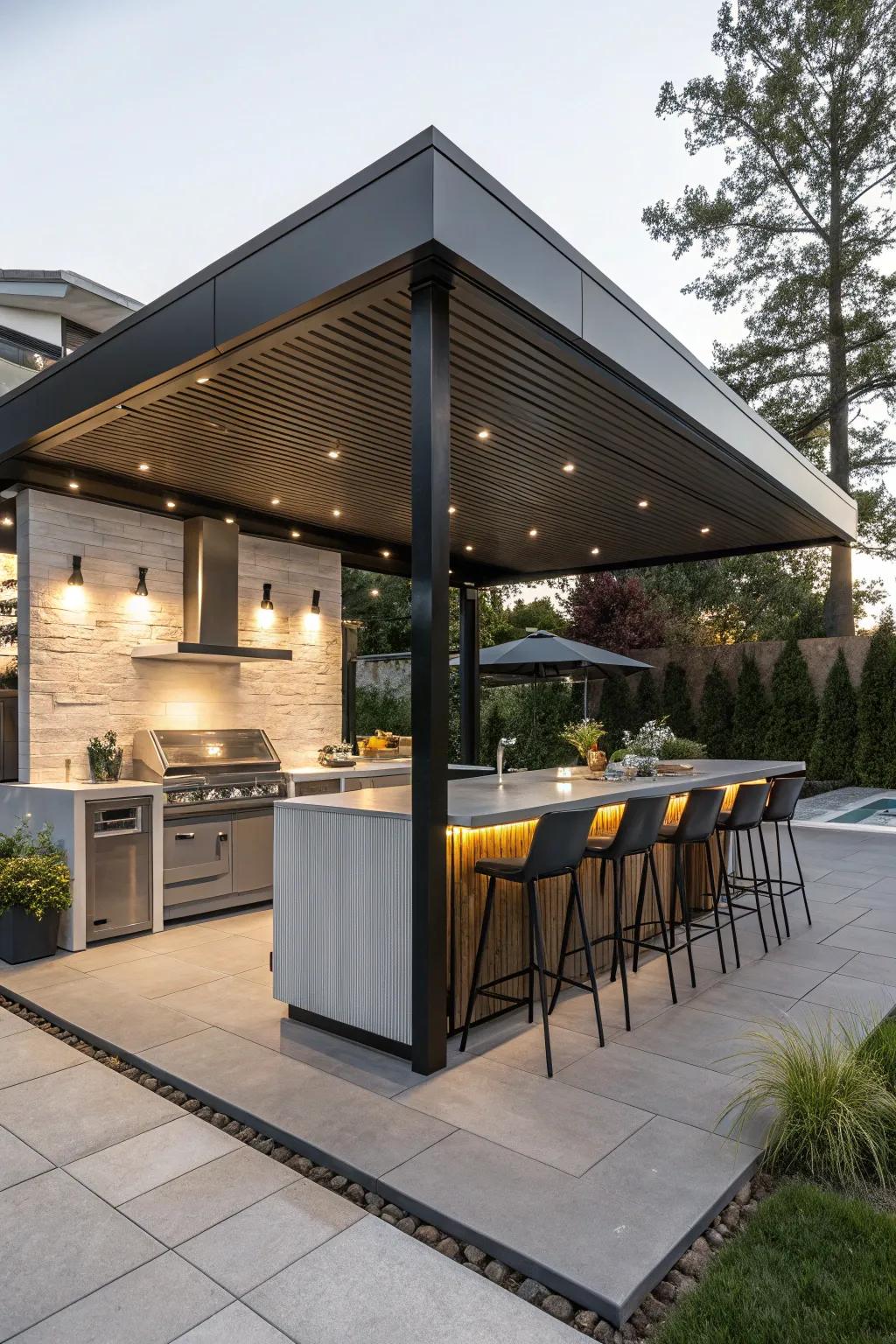 A contemporary gazebo, complete with an integrated bar, offers an elegant outdoor entertaining space.