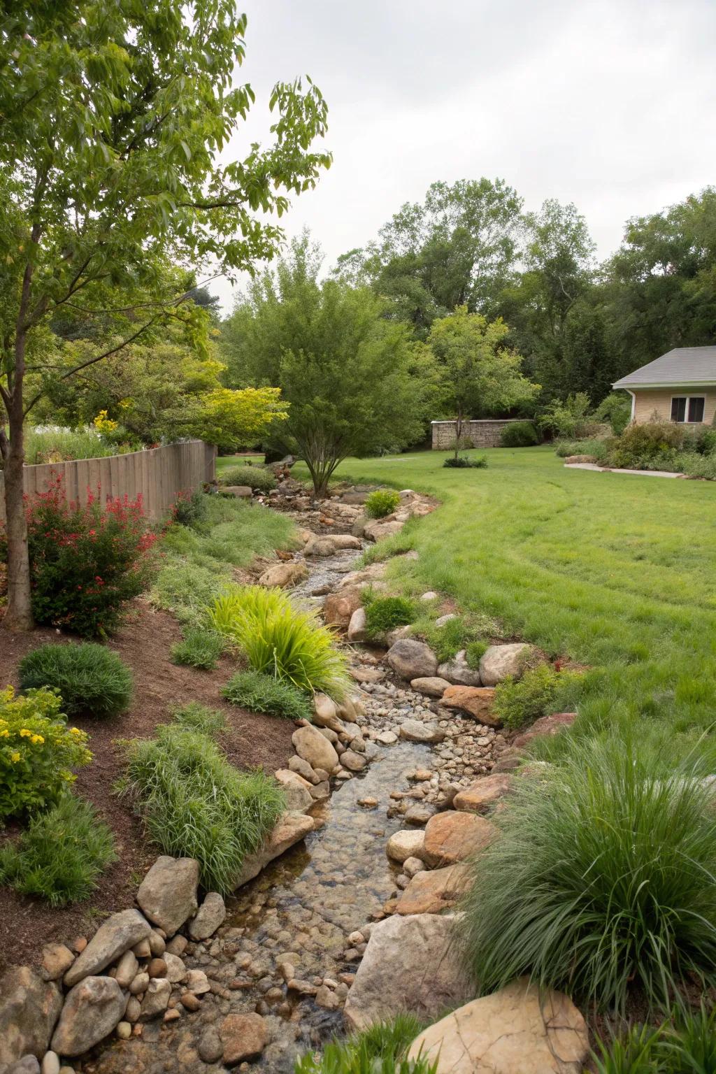Dry creek beds oversee water dispersal while magnifying aesthetic charm.