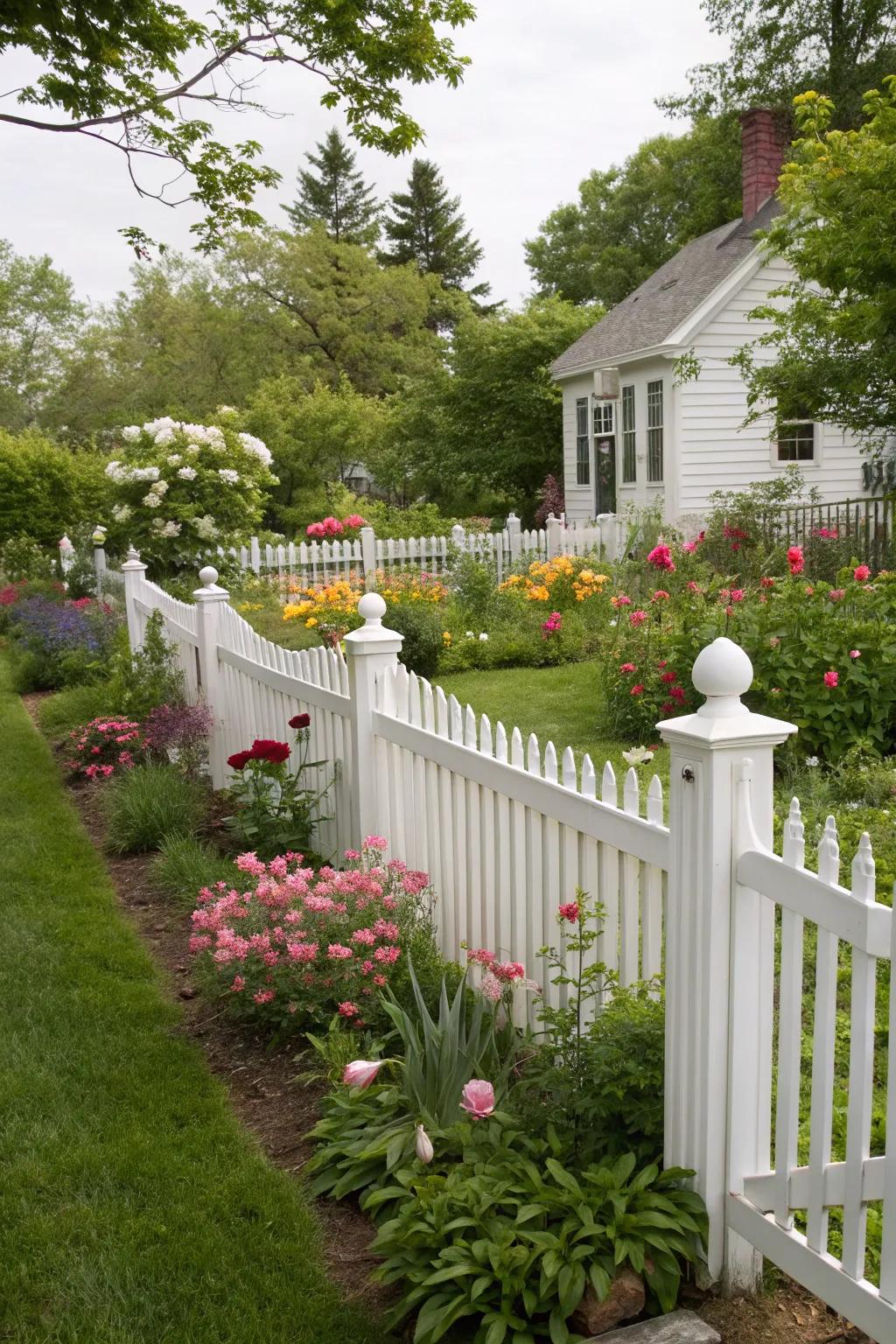 A traditional white picket boundary infuses charm into the yard.