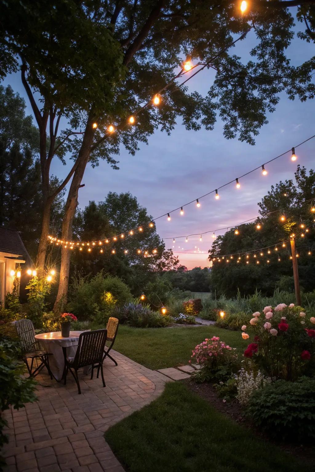 Filament lights weave a spellbinding canopy in a backyard garden.