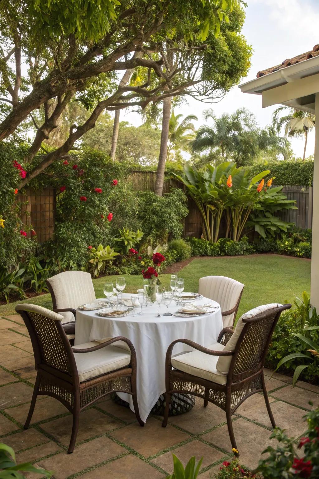 An alluring outdoor dining configuration is perfectly suited for patio meals.