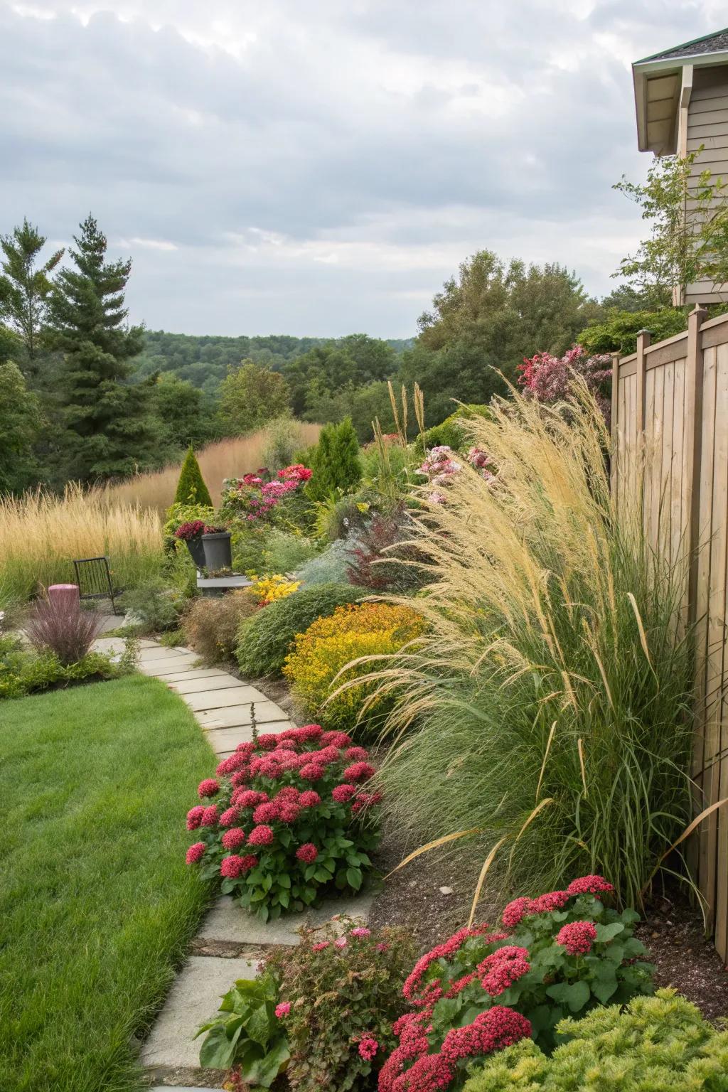 Terraced plants enhance the dimension and privacy of this garden space.