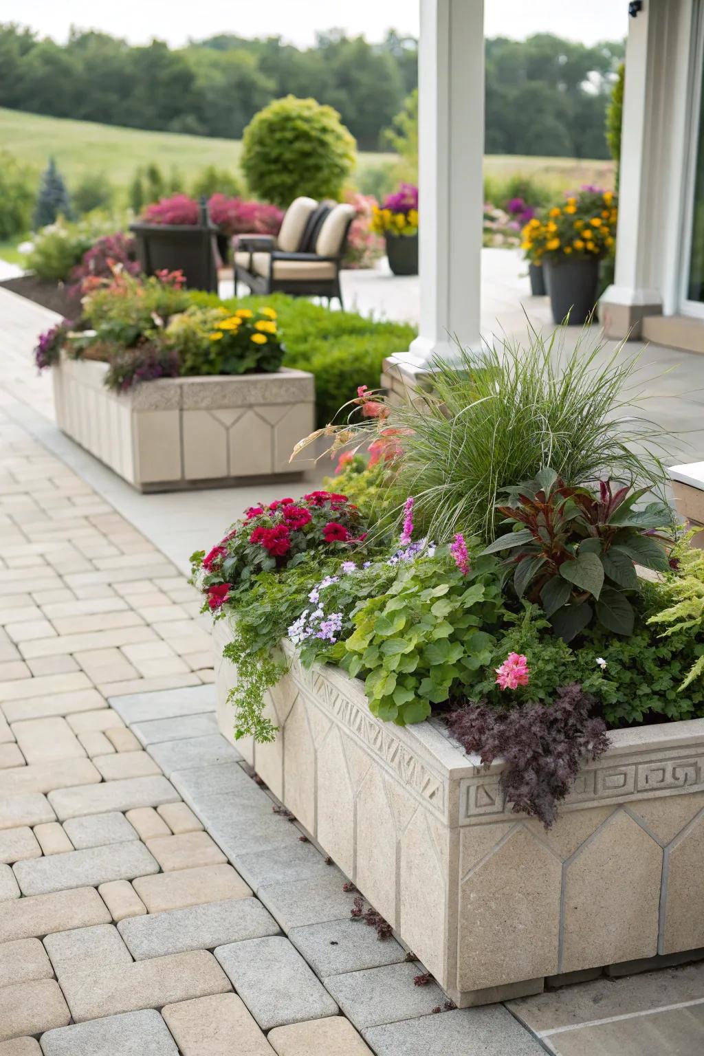Blend plant life into your patio for a vibrant and organic aesthetic.