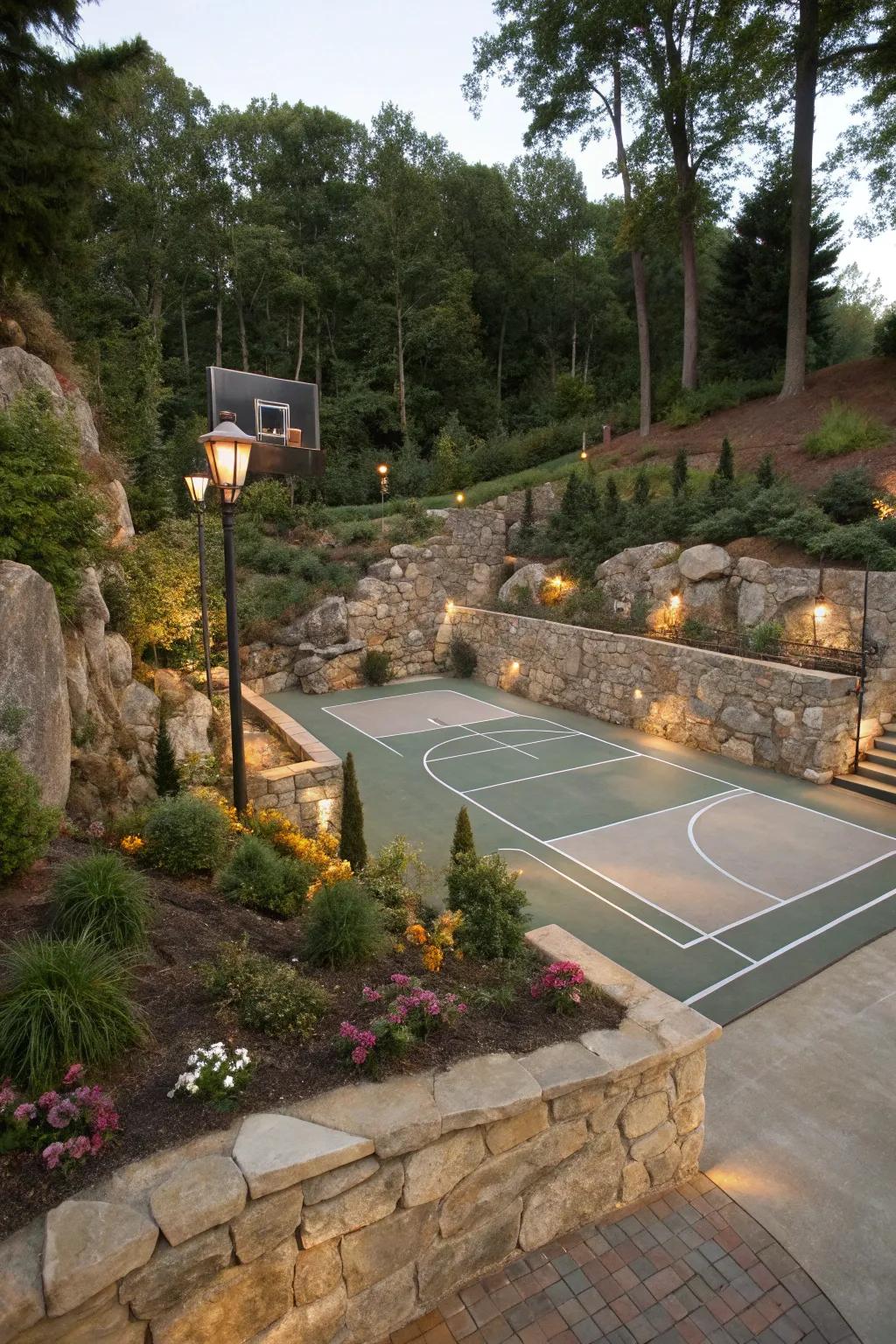 A sport court merges effortlessly with its surrounding environment.