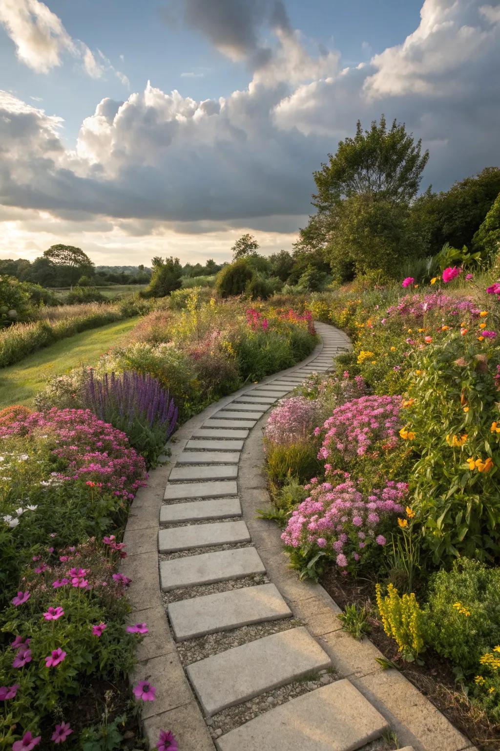 Curved stepping stone pathways give an element of whimsy and interest to your garden.