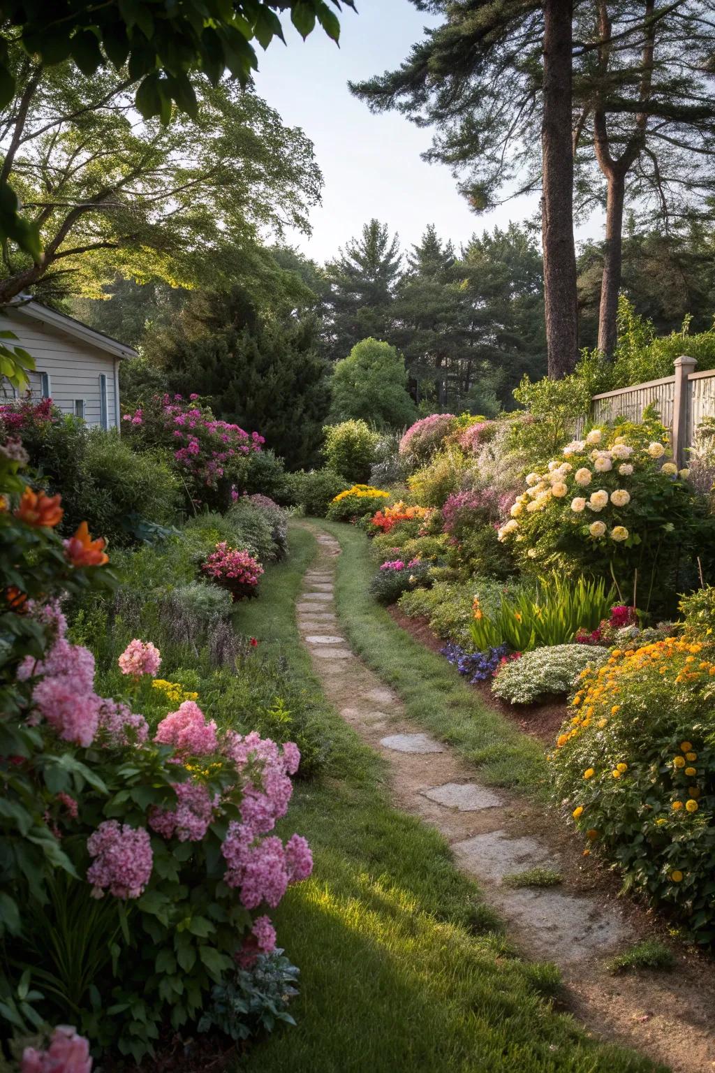 A lively backyard trail, decorated with colorful flowers and rich greenery.