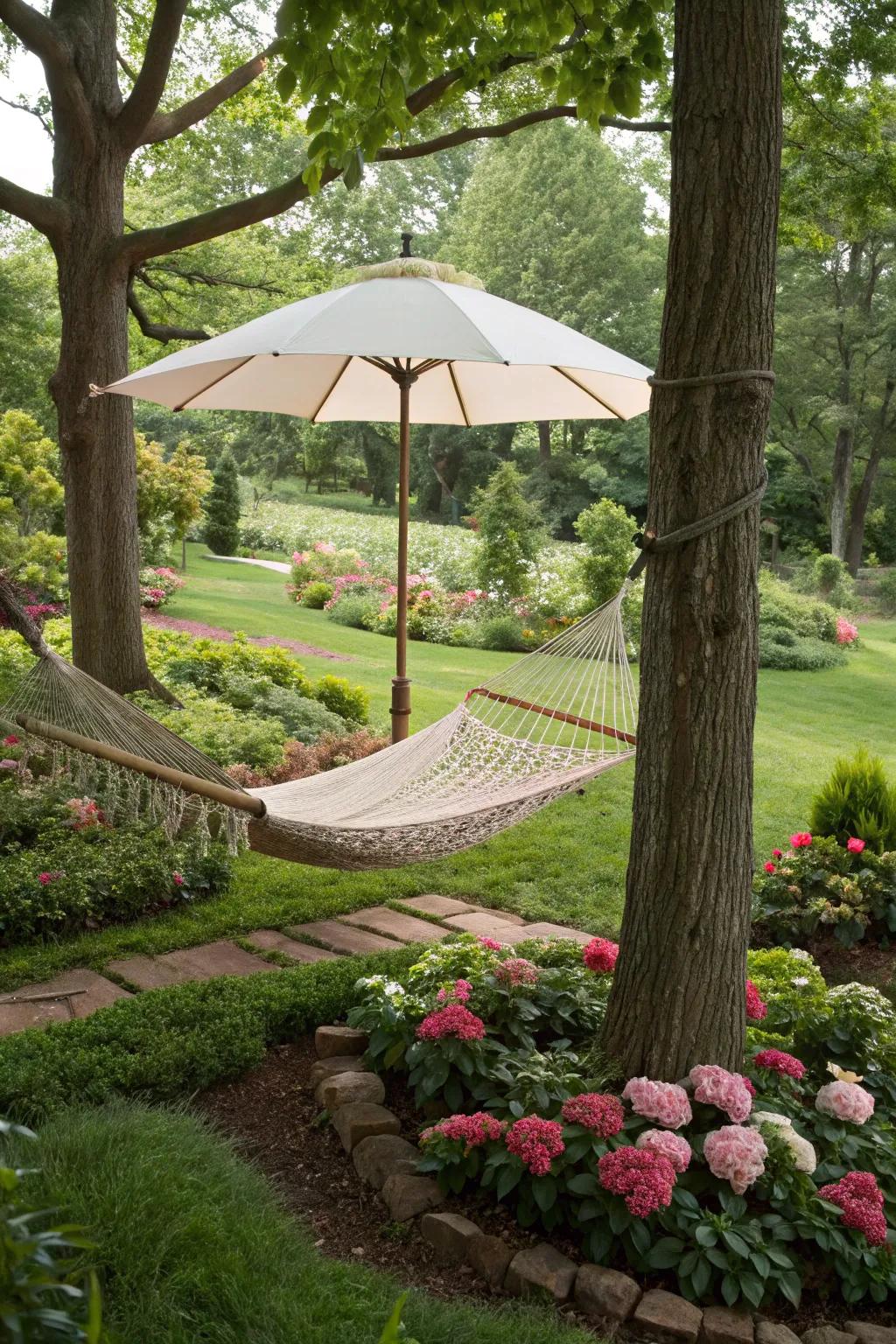 A cozy hammock shaded by a double-sided parasol.
