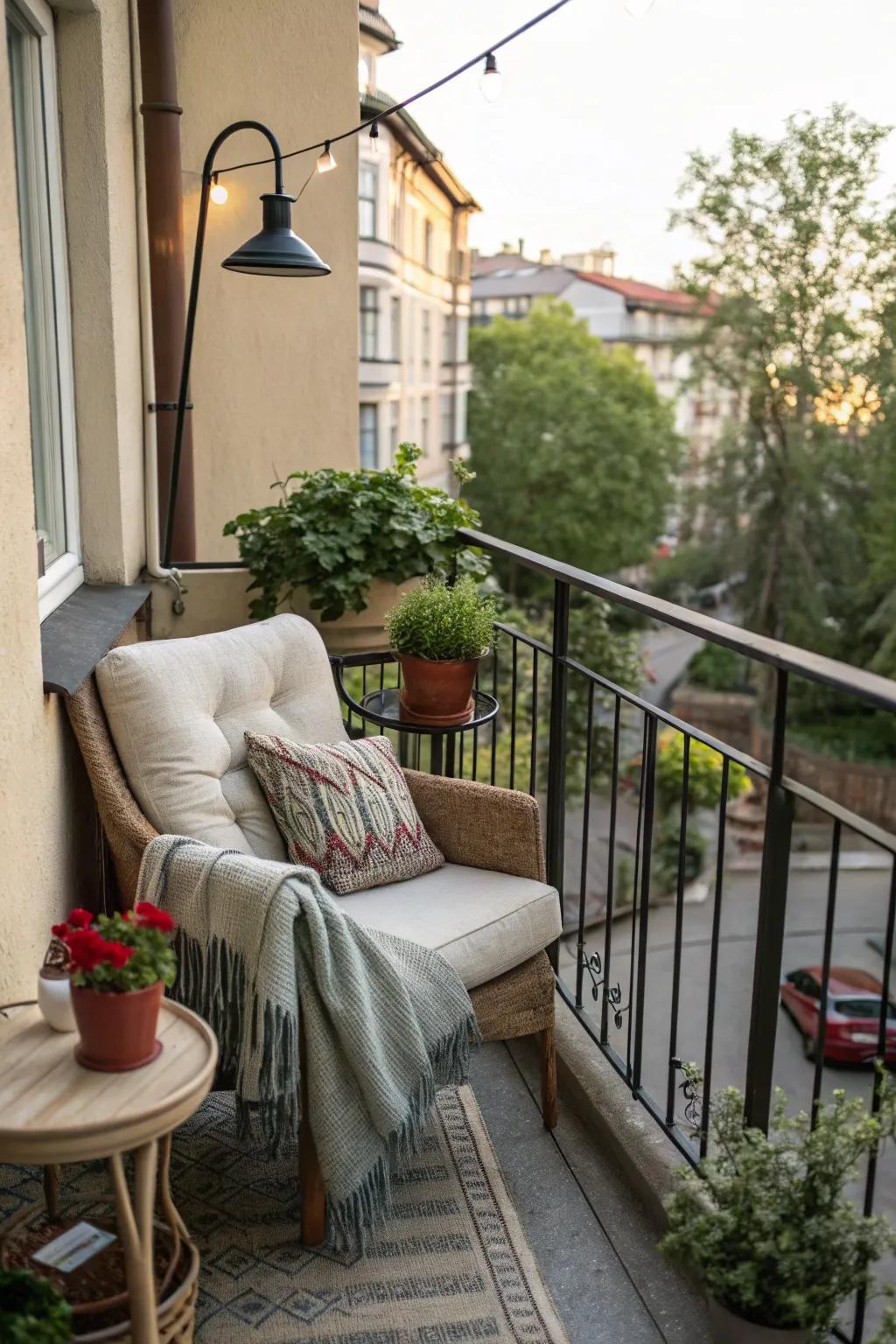A cozy seating spot, complete with soft textiles, beckons you to relax on your balcony.