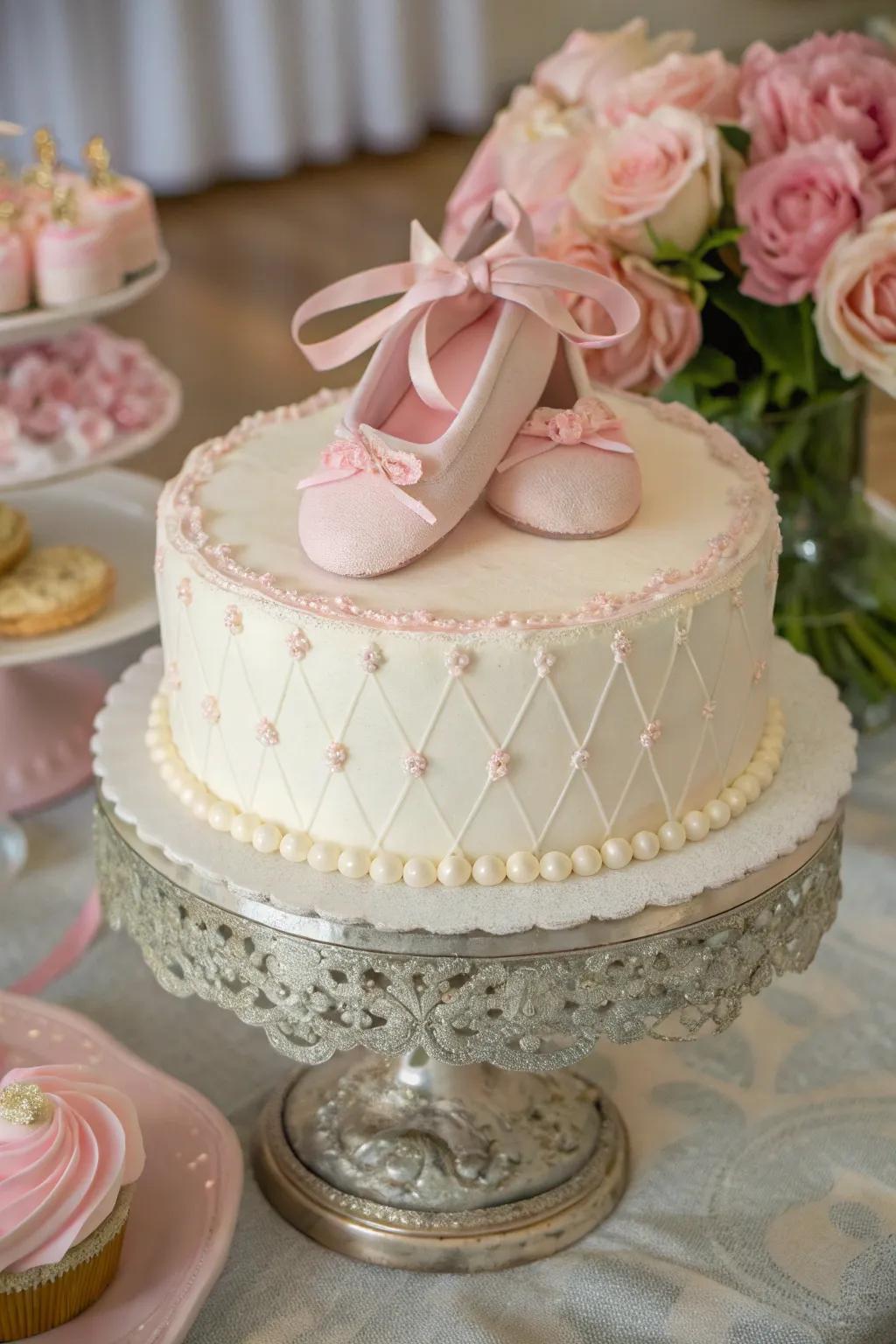 Exquisite ballet shoe embellishments lending a dash of refinement.