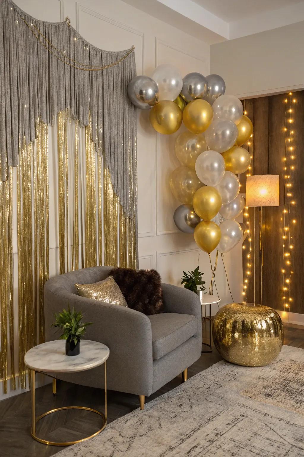 An alluring metallic tinsel and balloon backdrop for celebratory events.