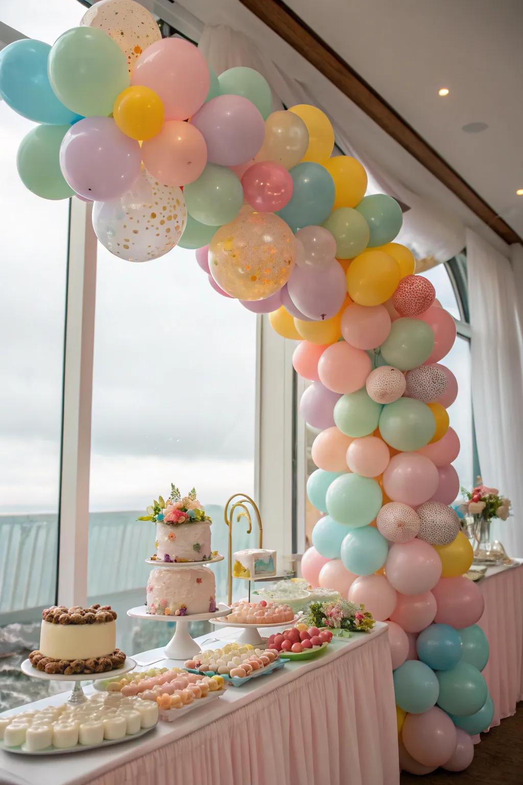 A colorful balloon garland brings cheer to the baby shower festivities.
