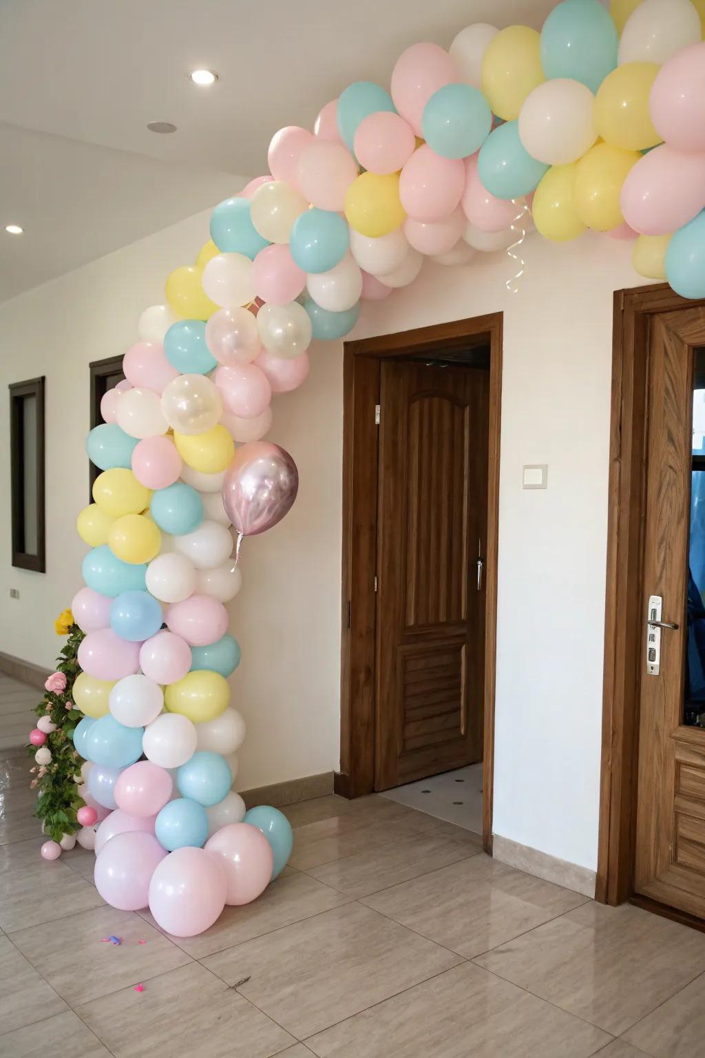 A welcoming sphere wreath establishing a cheerful tone at the entrance.