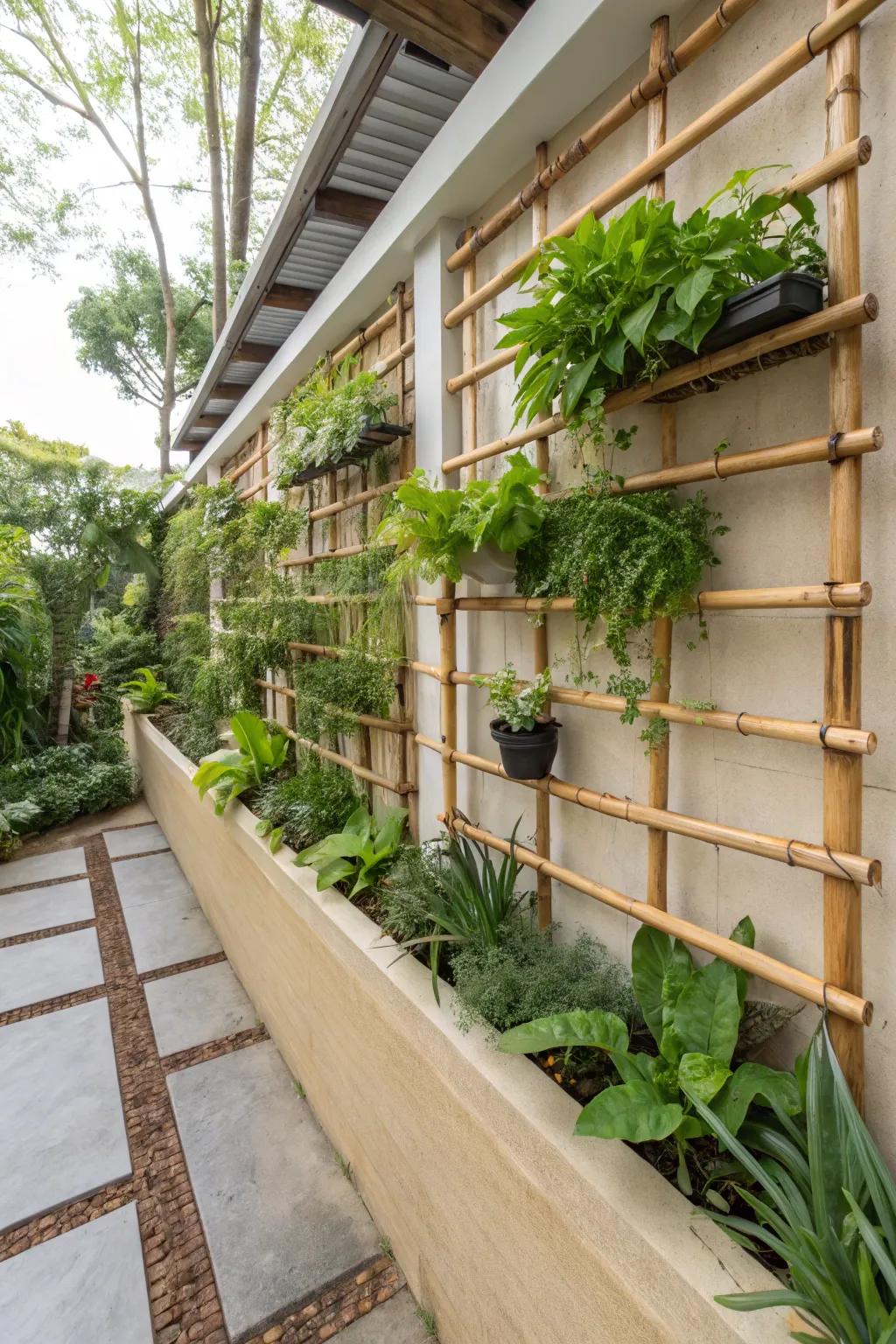 A vertical garden using bamboo adds greenery to limited spaces.