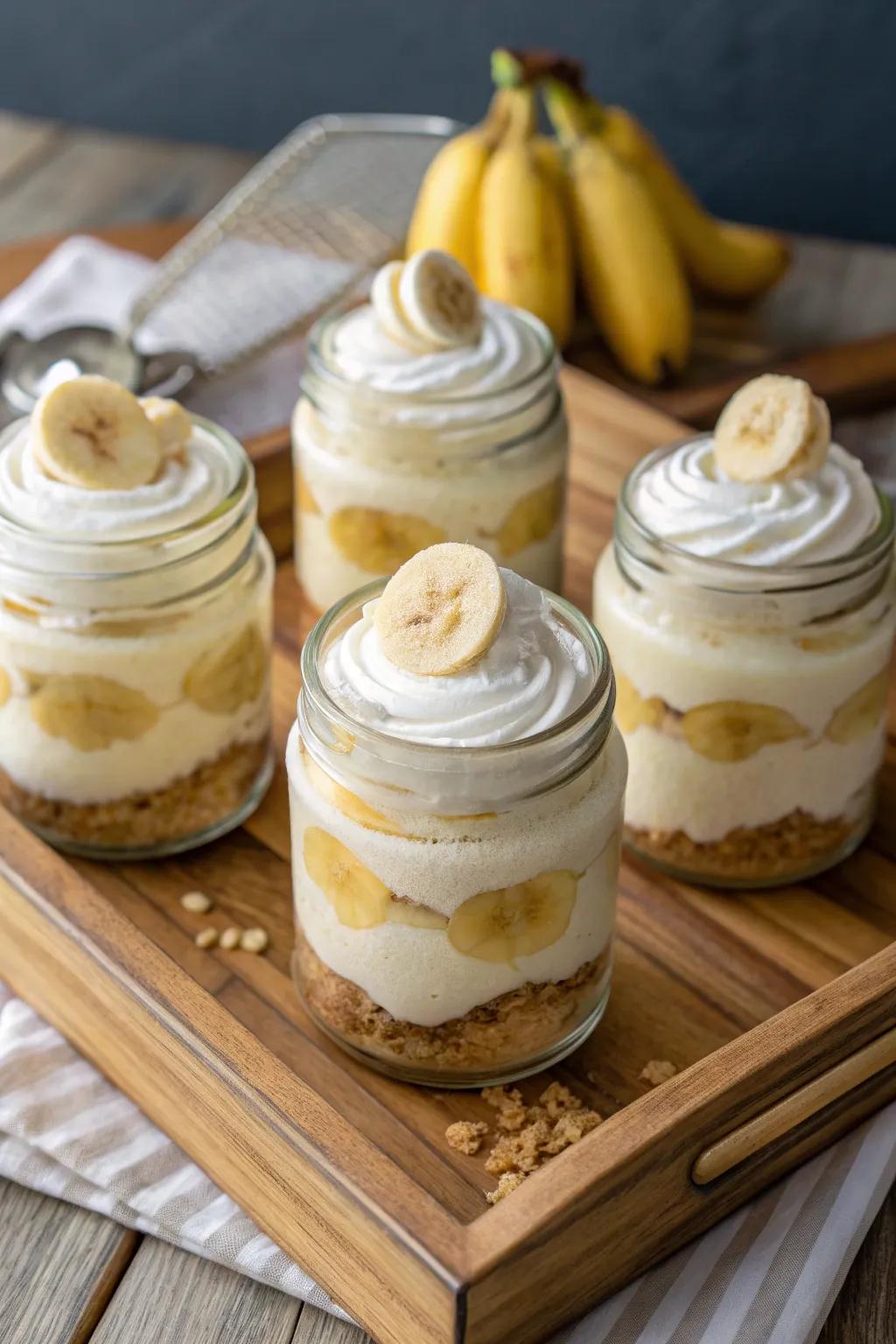 Preserving jars filled with banana pudding offer a delightful and useful serving solution.