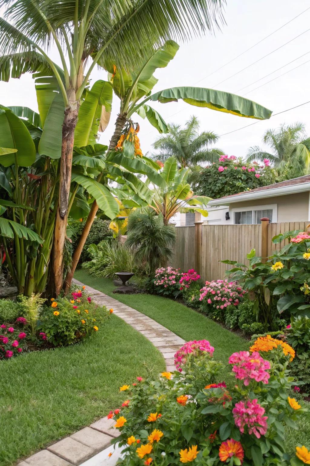 Merge banana trees with bright flora for a vibrant garden arrangement.
