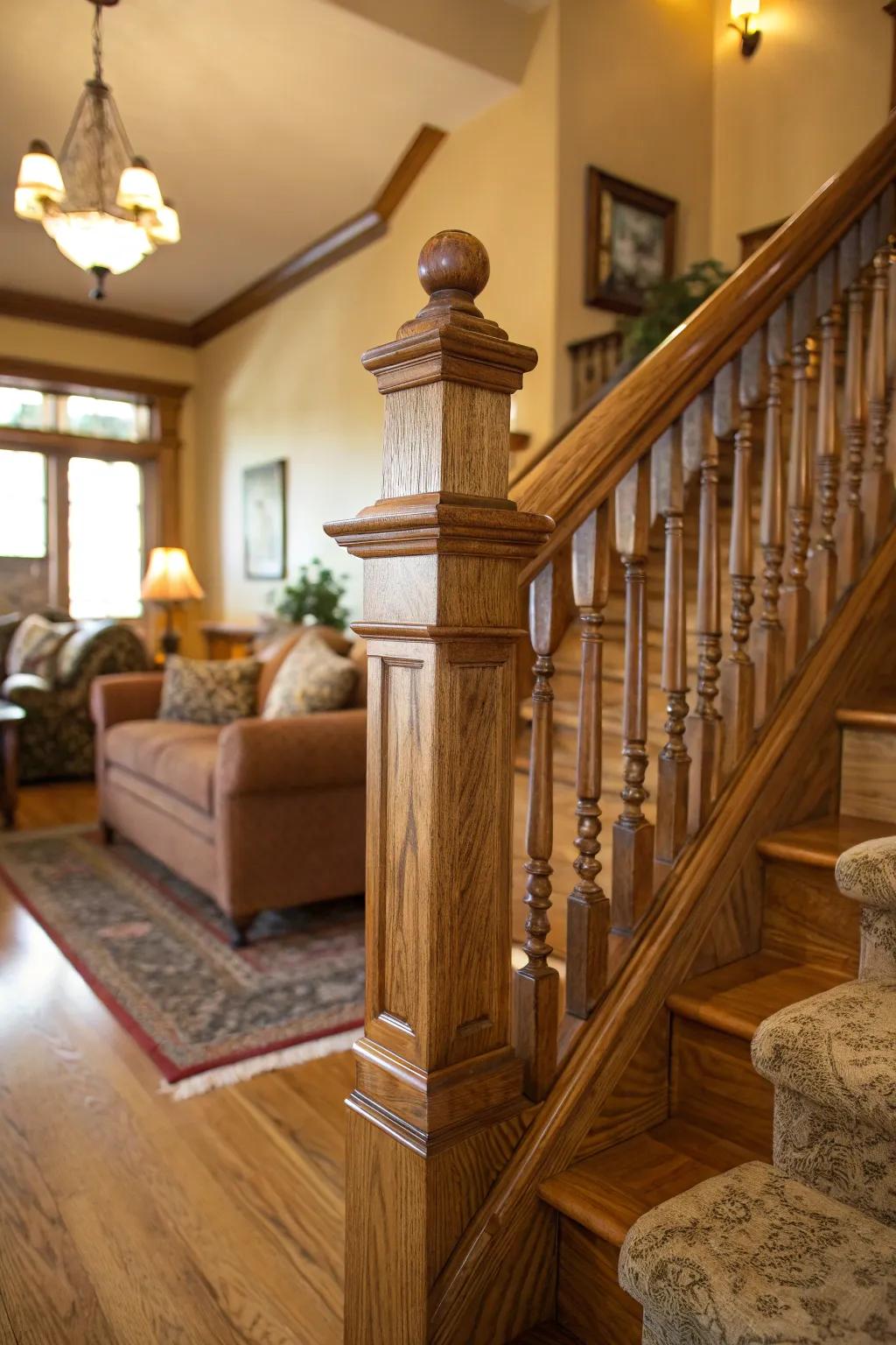 Enduring refinement with a classic wood stair rail.
