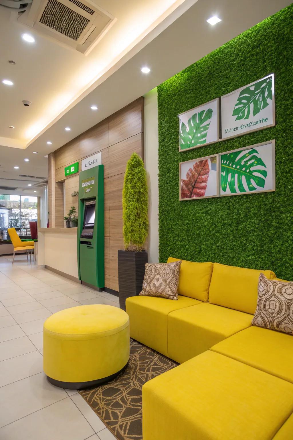 Colorful accents infuse the bank's decor with vitality and energy.