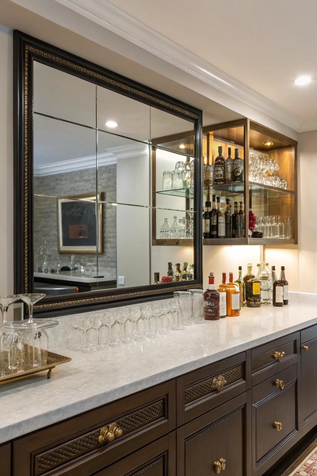 Mirrored backdrops evoke a sense of opulence and space.