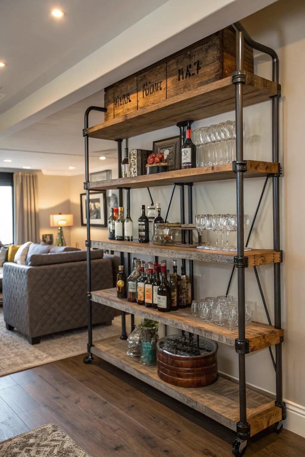 Artisan metalwork shelving introduces a raw accent to your bar.