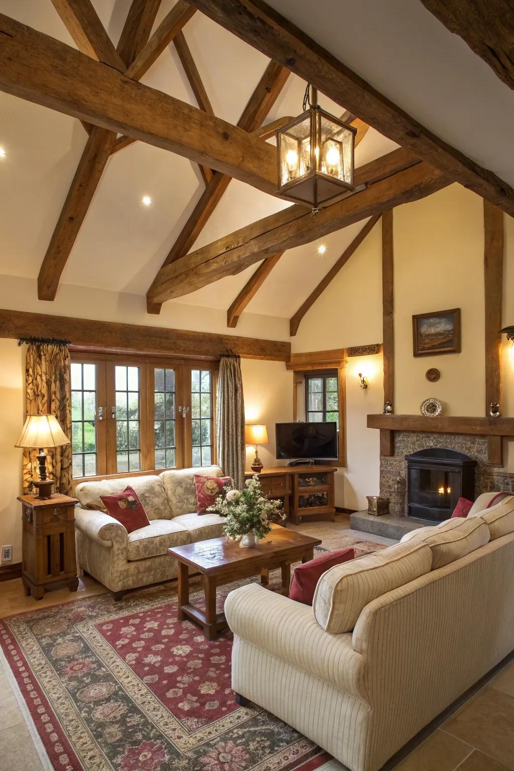 Exposed beams contribute rustic charm to contemporary interiors.