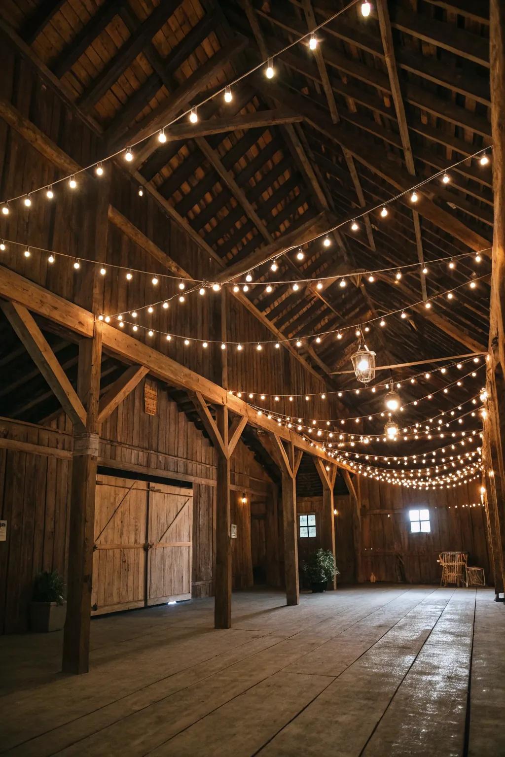 String lights bring a magical luminescence to the barn dance environment.