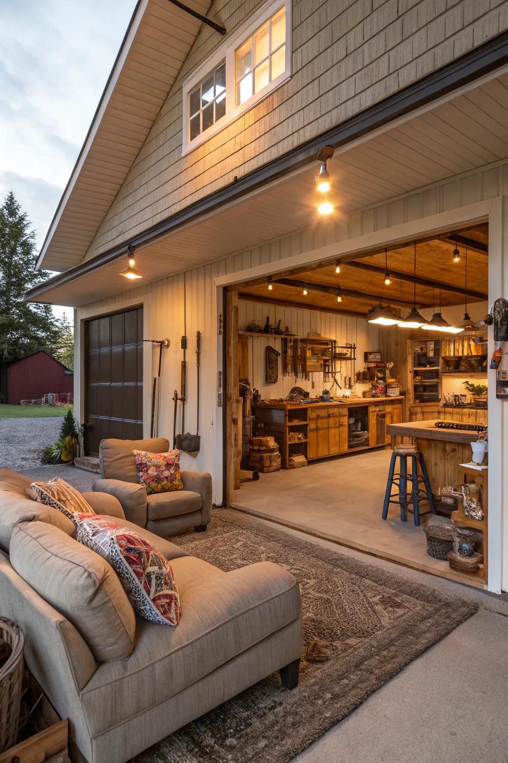 A multi-functional barn garage is created by a comfortable living area and workshop.