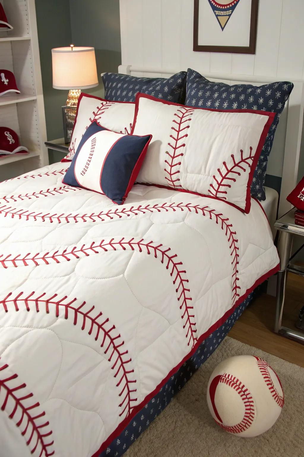 Baseball-themed bedding introduces a comfortable and spirited feel to the space.