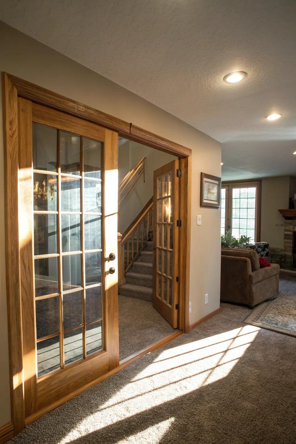A glass door allows natural light to brighten the basement, fostering a welcoming ambiance.