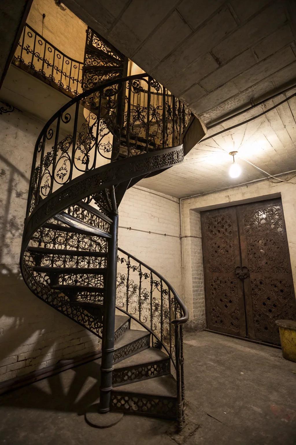 A wrought-iron spiral staircase saves space and adds dramatic flair.