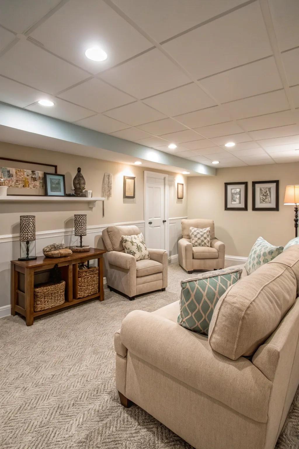 Understated hues fashion a tranquil and spacious environment within this basement.