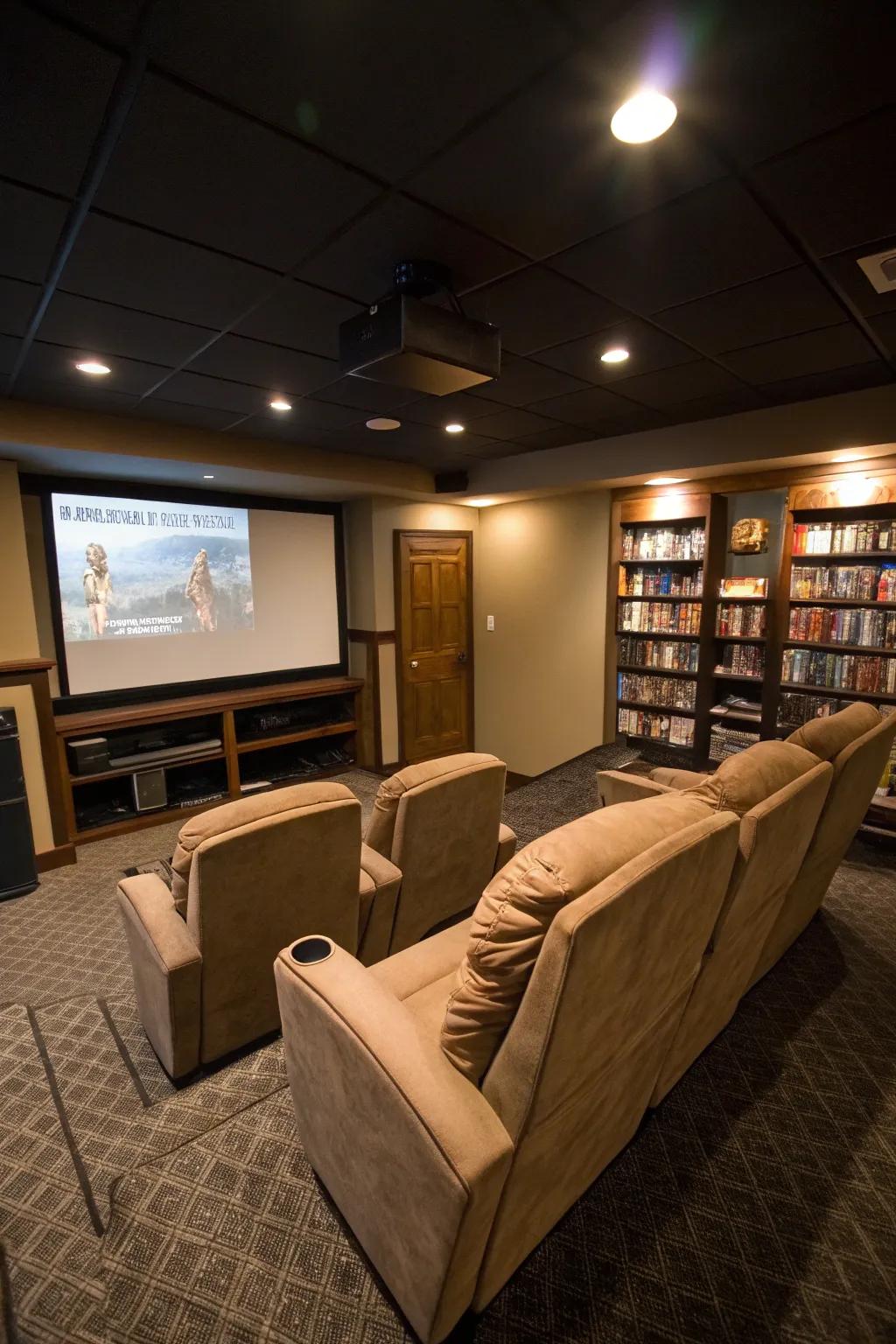 Basement private cinema complete with recliner chairs and a wide screen.
