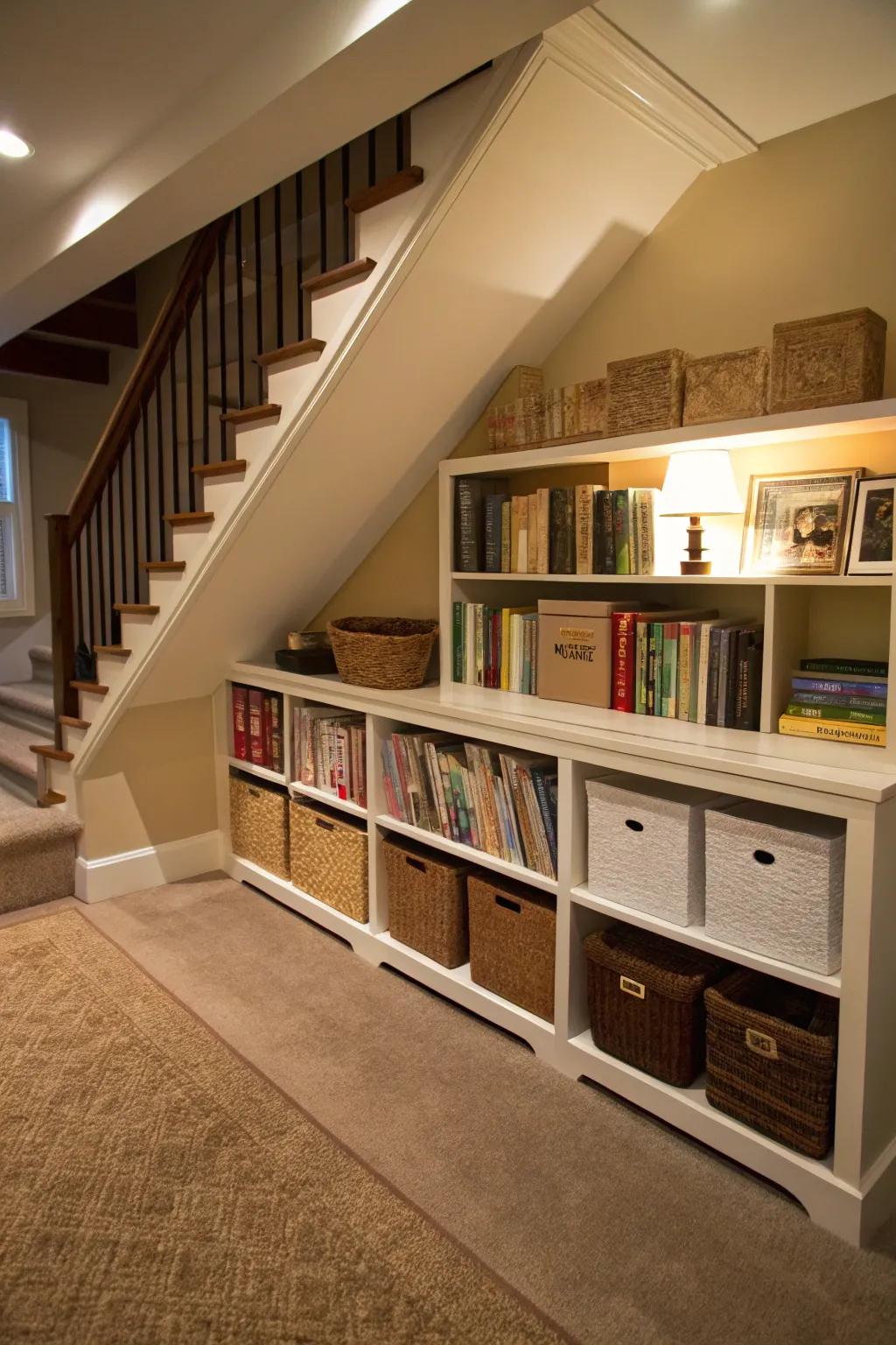 Custom shelving options allow you to maximize the space beneath stairs.
