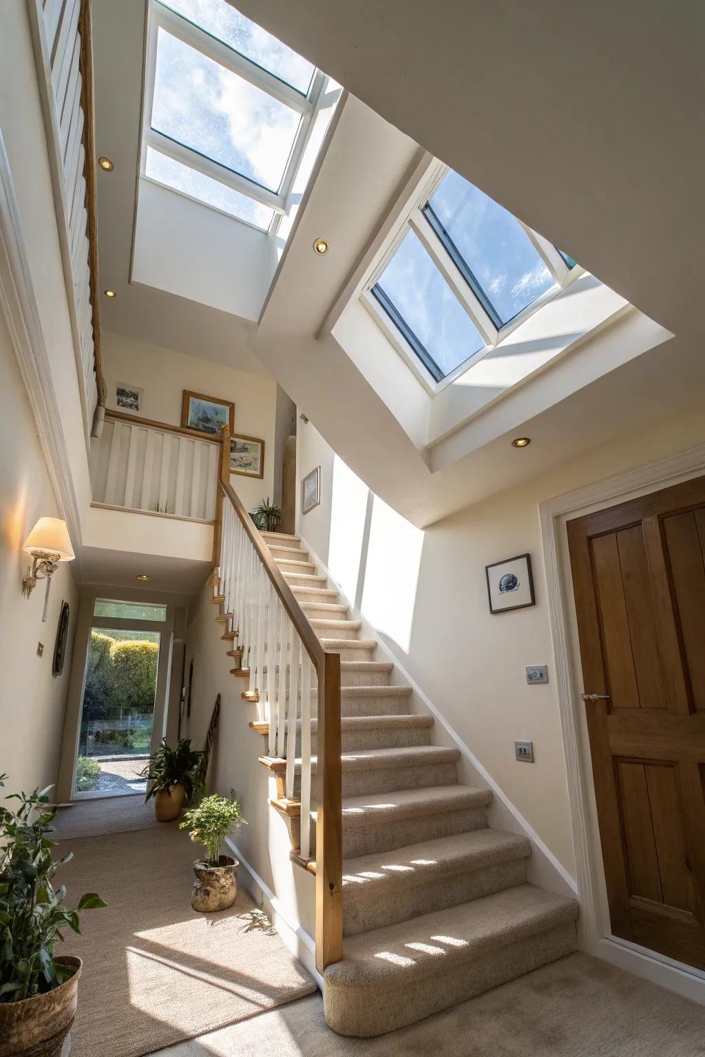 Overhead windows illuminate the stairway, fashioning an expansive atmosphere.