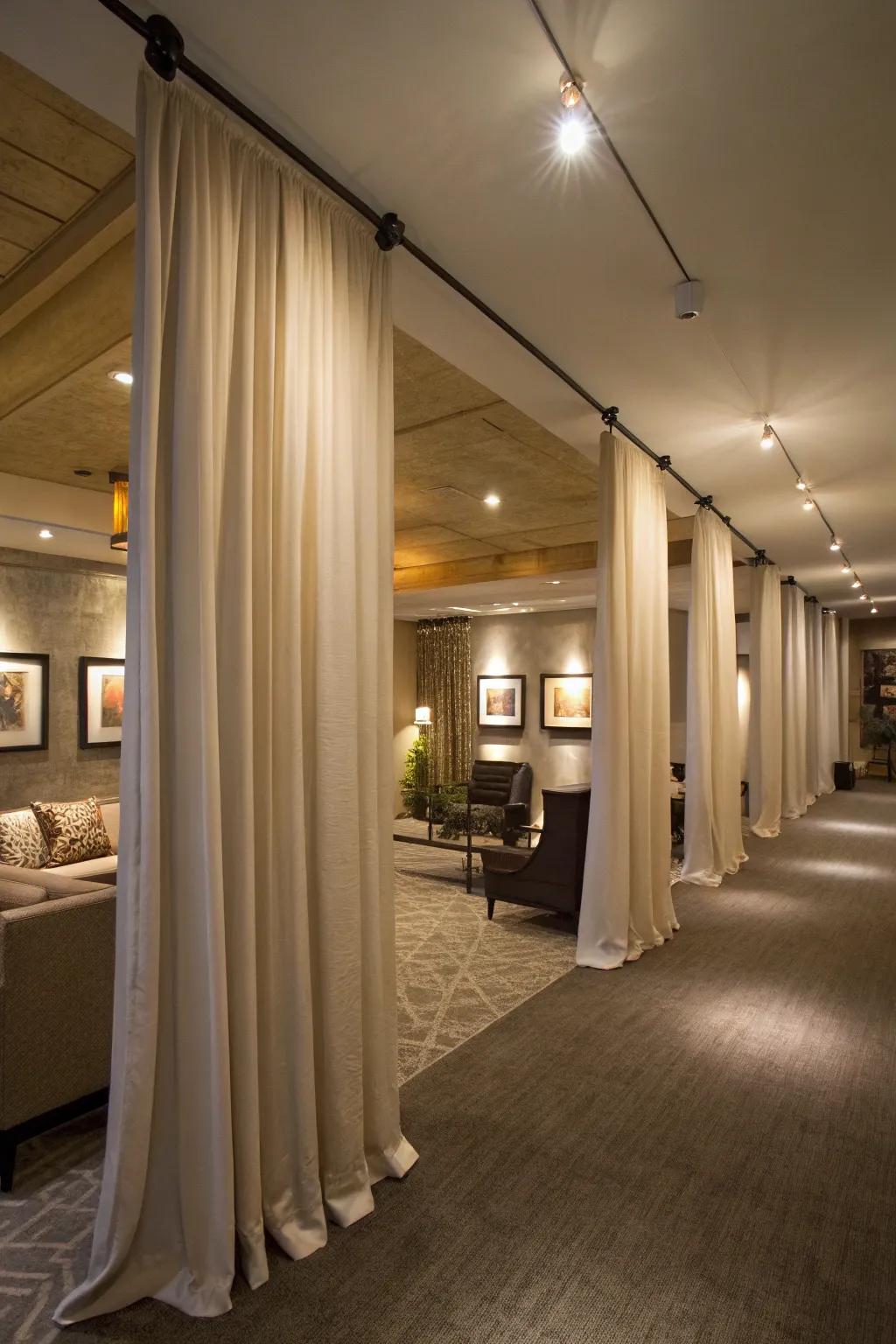 Floor-to-ceiling drapes contribute drama and height to any basement setting.
