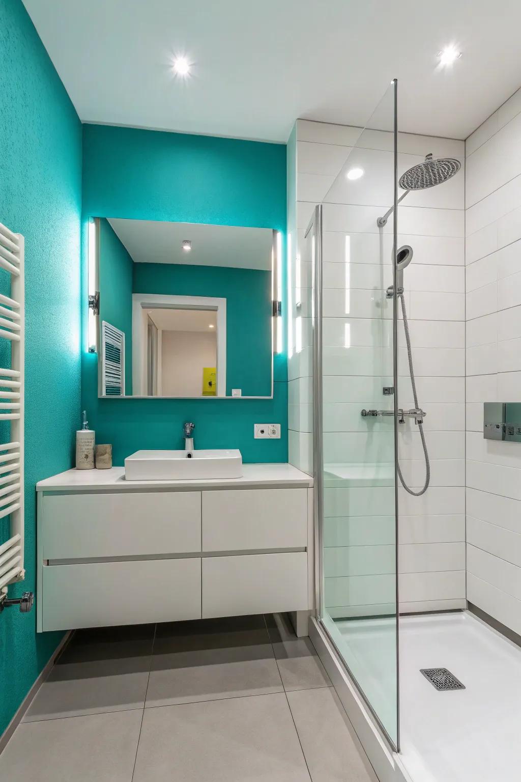 A bold color accent wall radiates a dynamic energy.